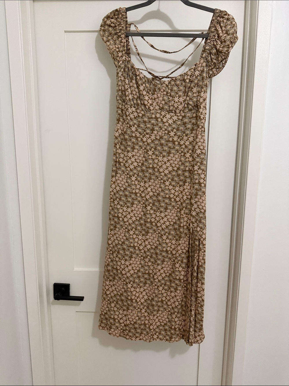 Roxy Brown Floral Square-Neck Midi Dress with Puff Sleeves